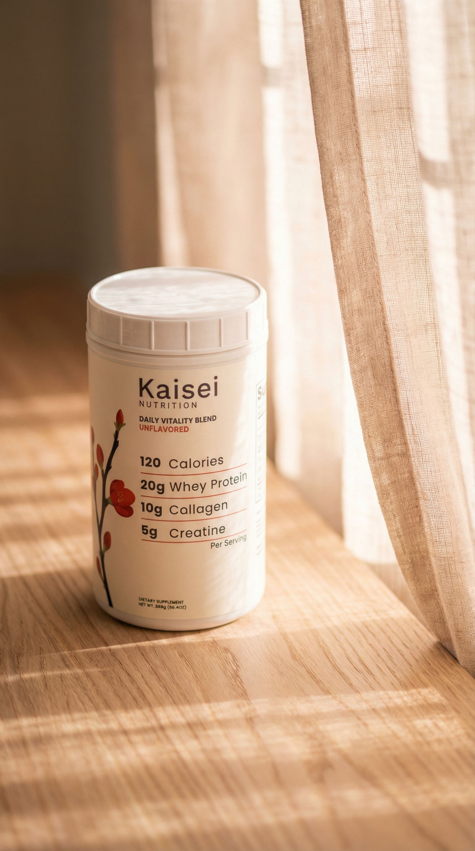 Kaisei tub in warm window light with linen curtains