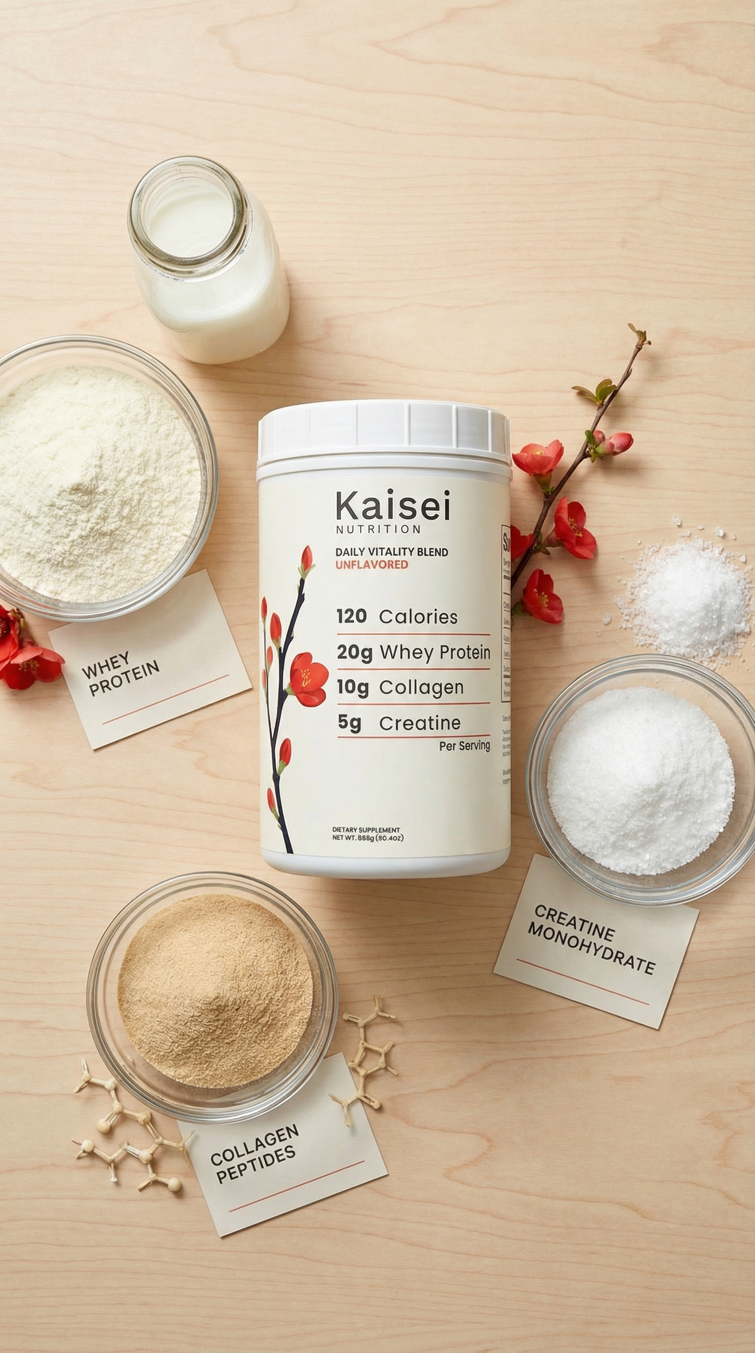 Kaisei Nutrition ingredients flatlay — whey protein, collagen peptides, and creatine monohydrate