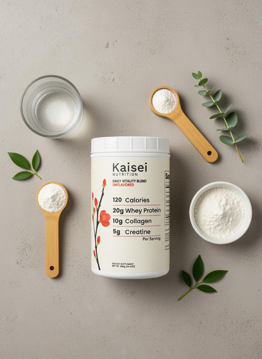 Kaisei Nutrition Daily Vitality Blend with wooden spoons and fresh herbs
