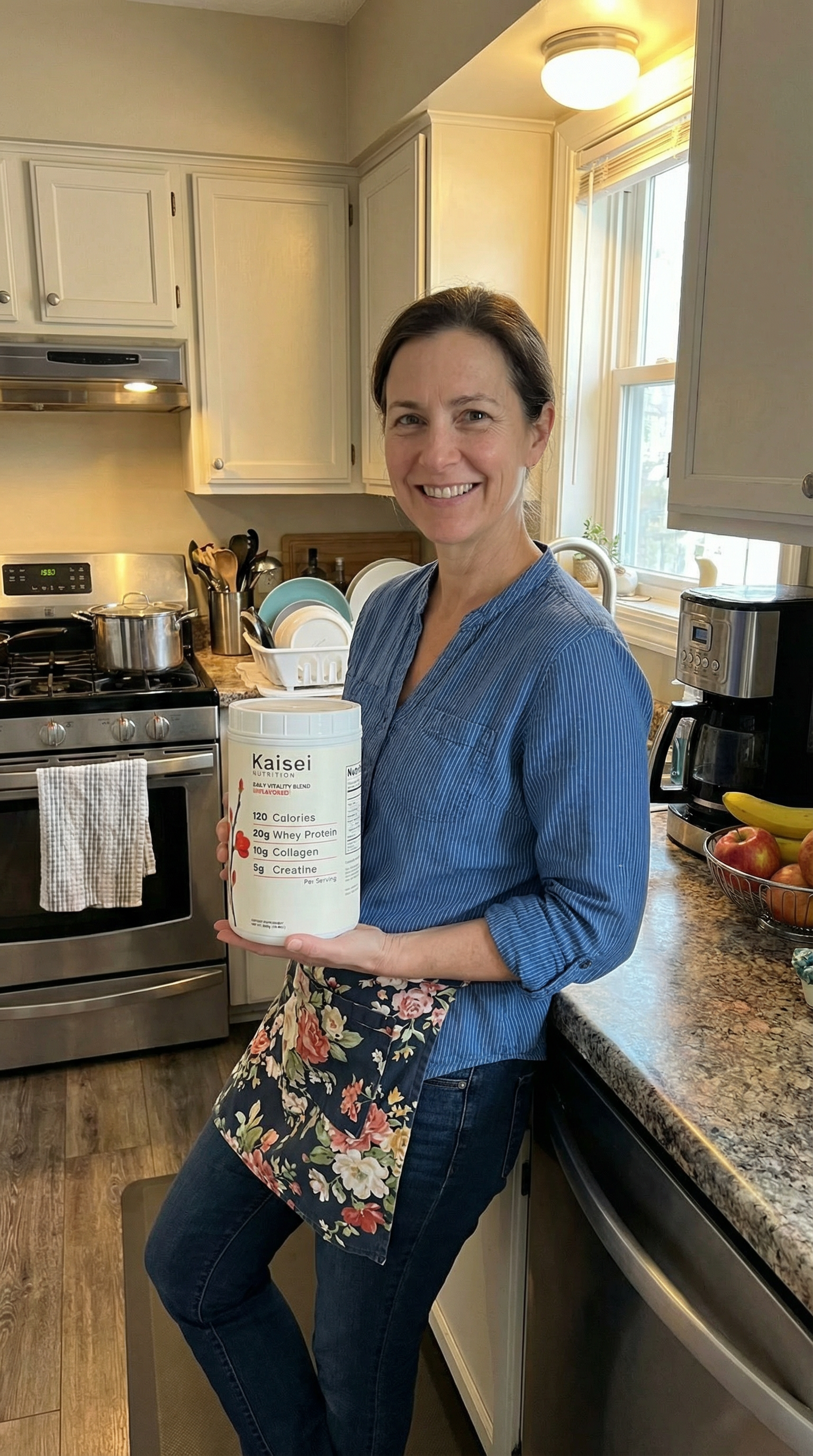 Happy customer in kitchen with Kaisei tub