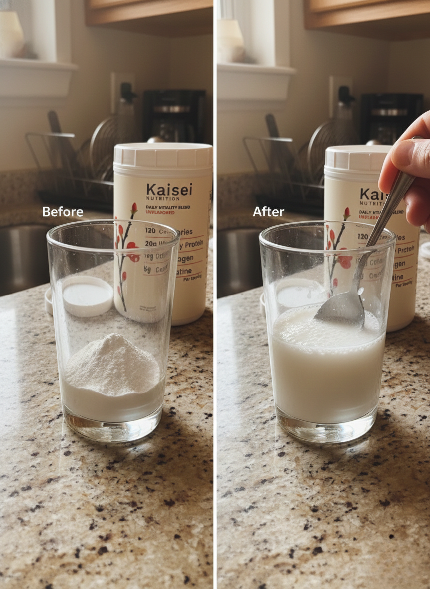 Before and after: powder mixed into water