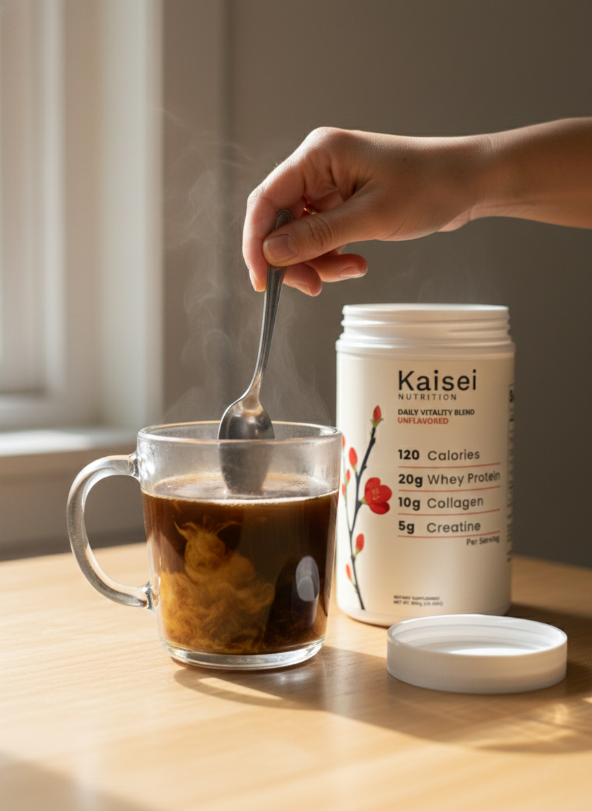 Kaisei powder stirred into morning coffee